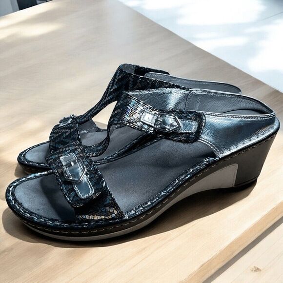 Alegria Lar 745 Comfort Wedge Sandals Women Size 41/US10.5 Black/Silver - Picture 1 of 13